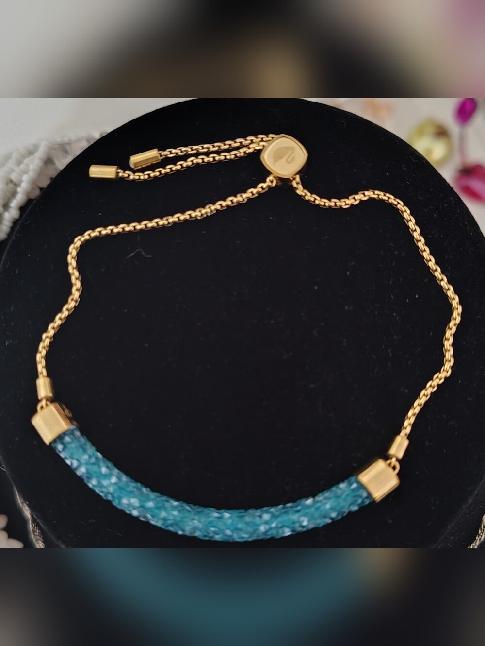 Swarovski "The Long Beach" Sea Blue Crystal Adjustable Pull Bracelet Gold Plate